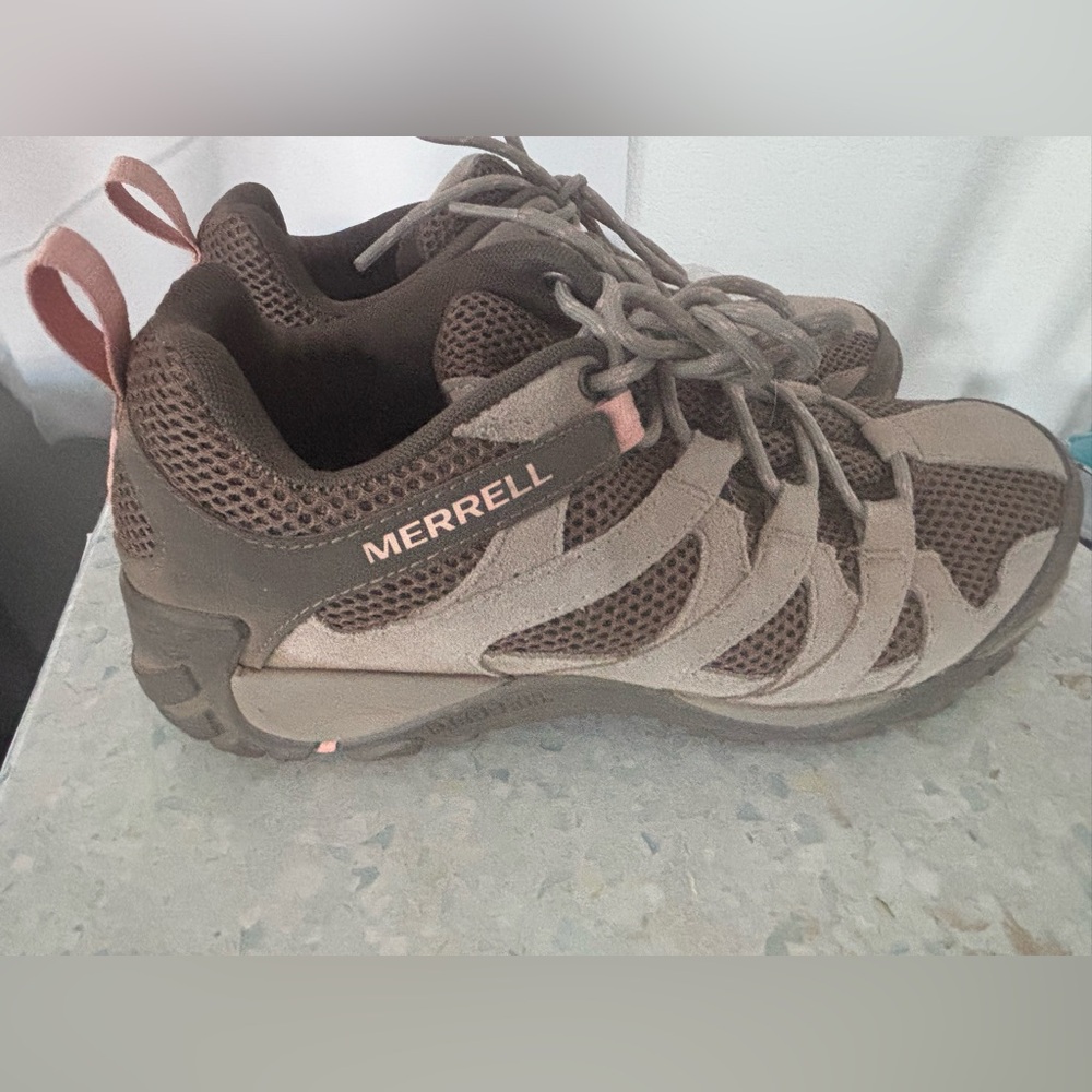 Merrell Women's Taupe Trail hiking shoes.